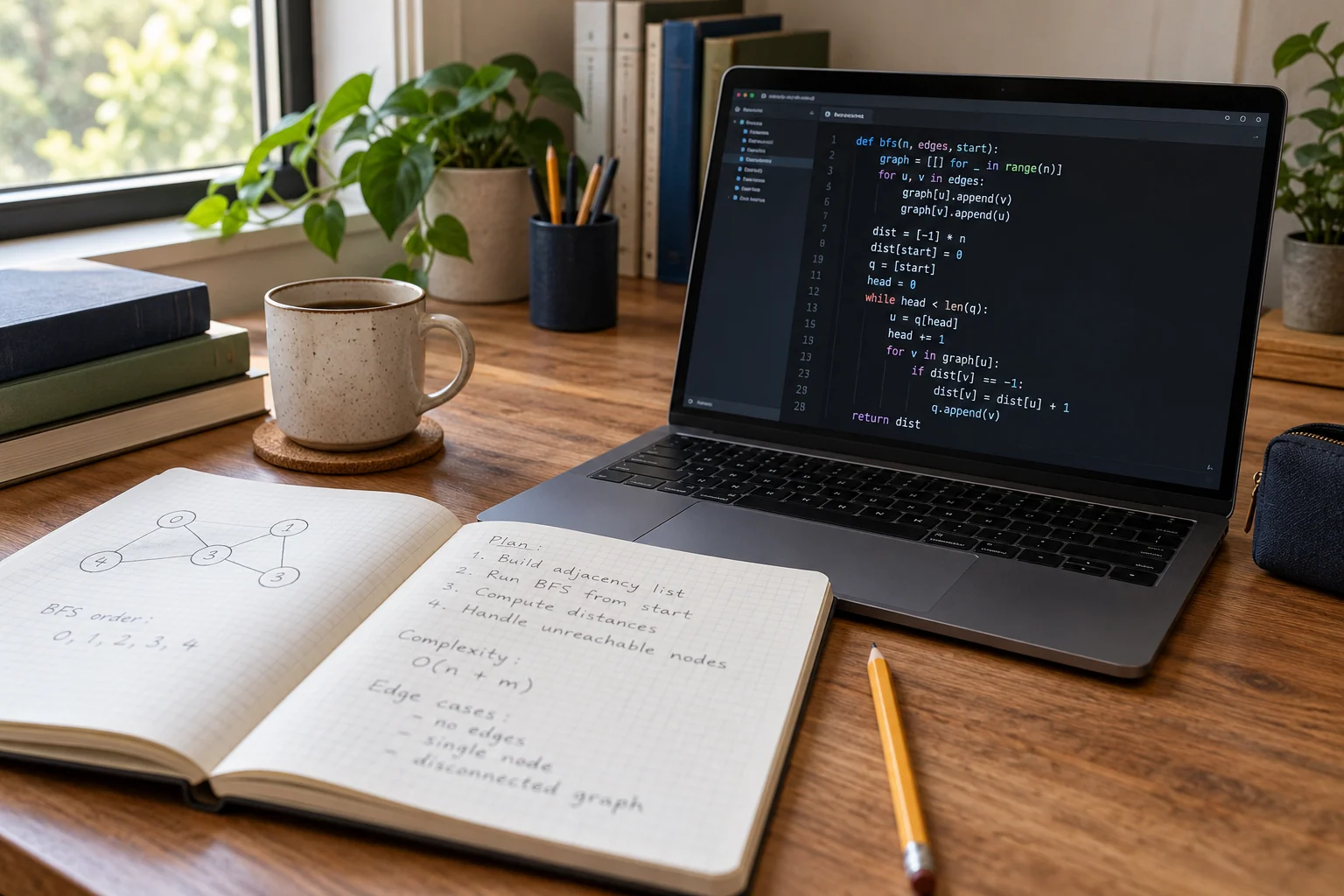 Concept image of a laptop and algorithm study notes