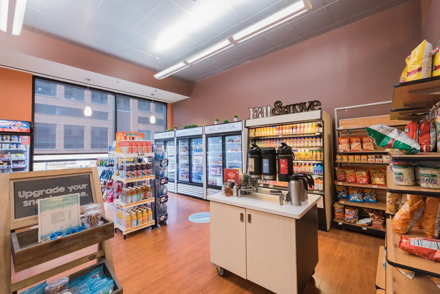 Snack shelves, beverage refrigerators and coffee station